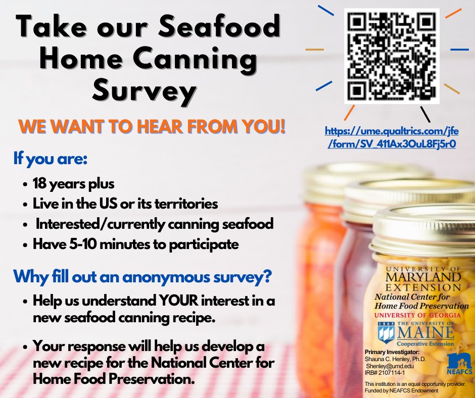 Help us learn about your seafood canning interest 🦞🦀🐟🥫! @CleanerFoods @MDsBestSeafood @MDSeaGrant @BeckyKrystal @MDFarmTV @USFWS @NOAAFishMedia @USFWSFisheries @baltimoresun @UMDRightNow @UMESNews @umesextension @NchfpUGA @altonbrown @TODAYFood @UMaineExtension @BallCanning