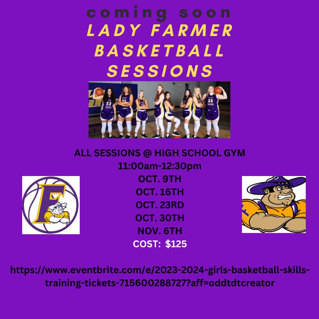 Stay up to date with Lady Farmers Basketball! There are clinics coming up for 3rd-6th grade! Also, the basketball team will have a booth at Old Time Saturday. Bake Sale!!!