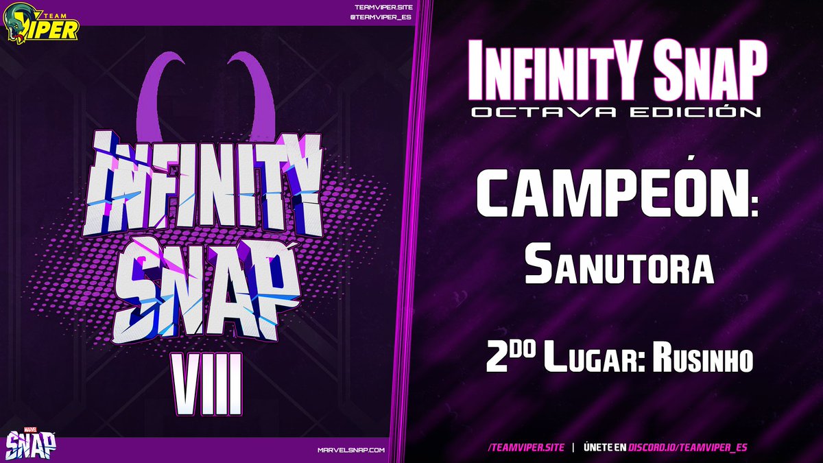 Desde Francia llega el nuevo dueño de la Infinity Snap VIII de <a href="/MARVELSNAP/">MARVEL SNAP</a> !!!
Felicitaciones a Sanutora por la obtención del título!
También felicitamos a Rusinho por su excelsa perfomance y a todos los que han participando!
💪🐍
