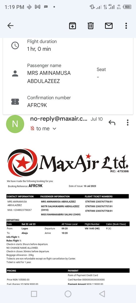 ameenasb's tweet photo. Here are the tickets sent to my mail after my the money was deducted from my account. @MaxAirLtd please look into it carefully bc am already angry with you guys. The screenshot attached; https://t.co/YzWUVy5DNh