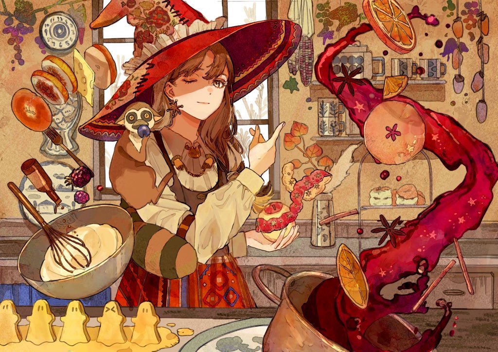 1girl hat food witch hat window fruit earrings  illustration images