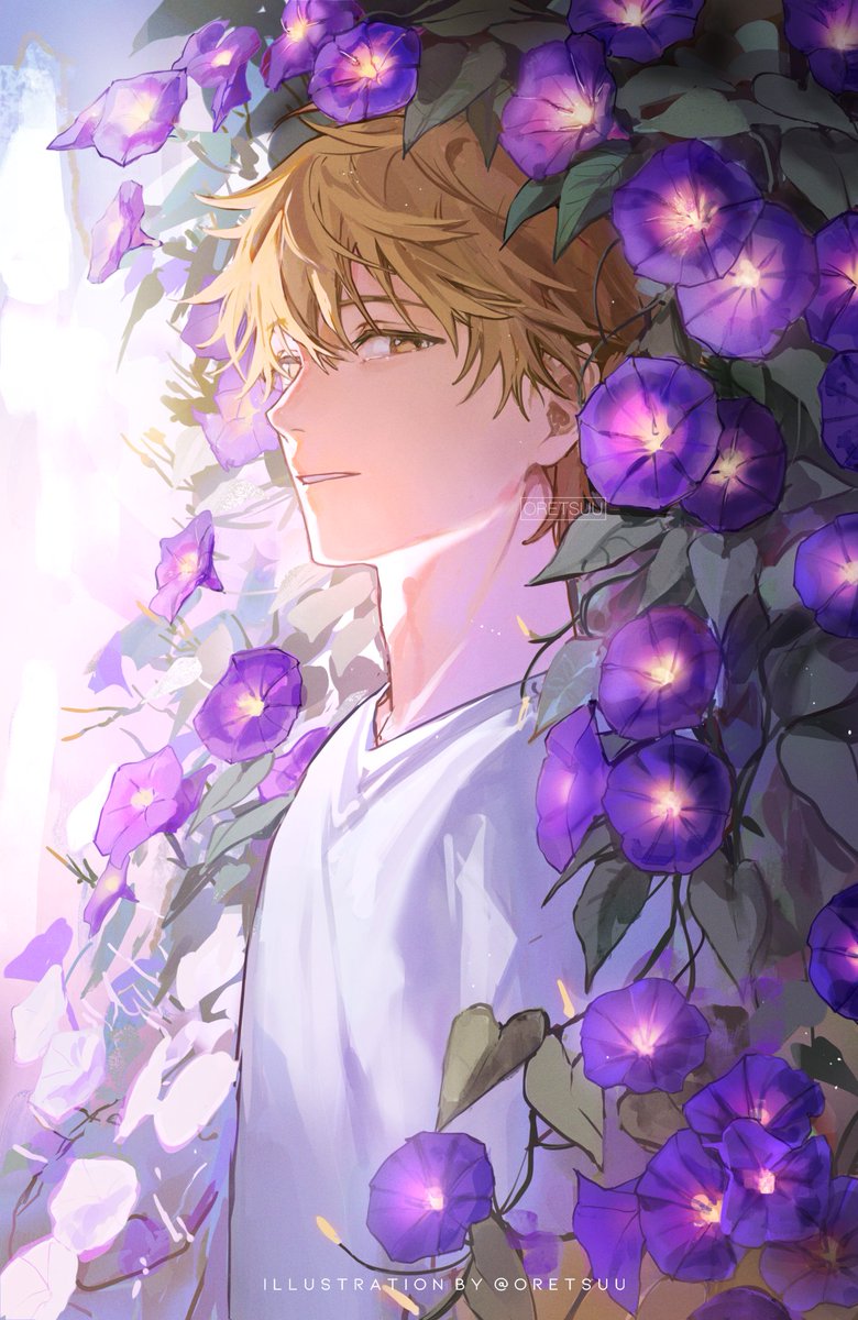 denji (chainsaw man) 1boy flower male focus solo shirt looking at viewer blonde hair  illustration images