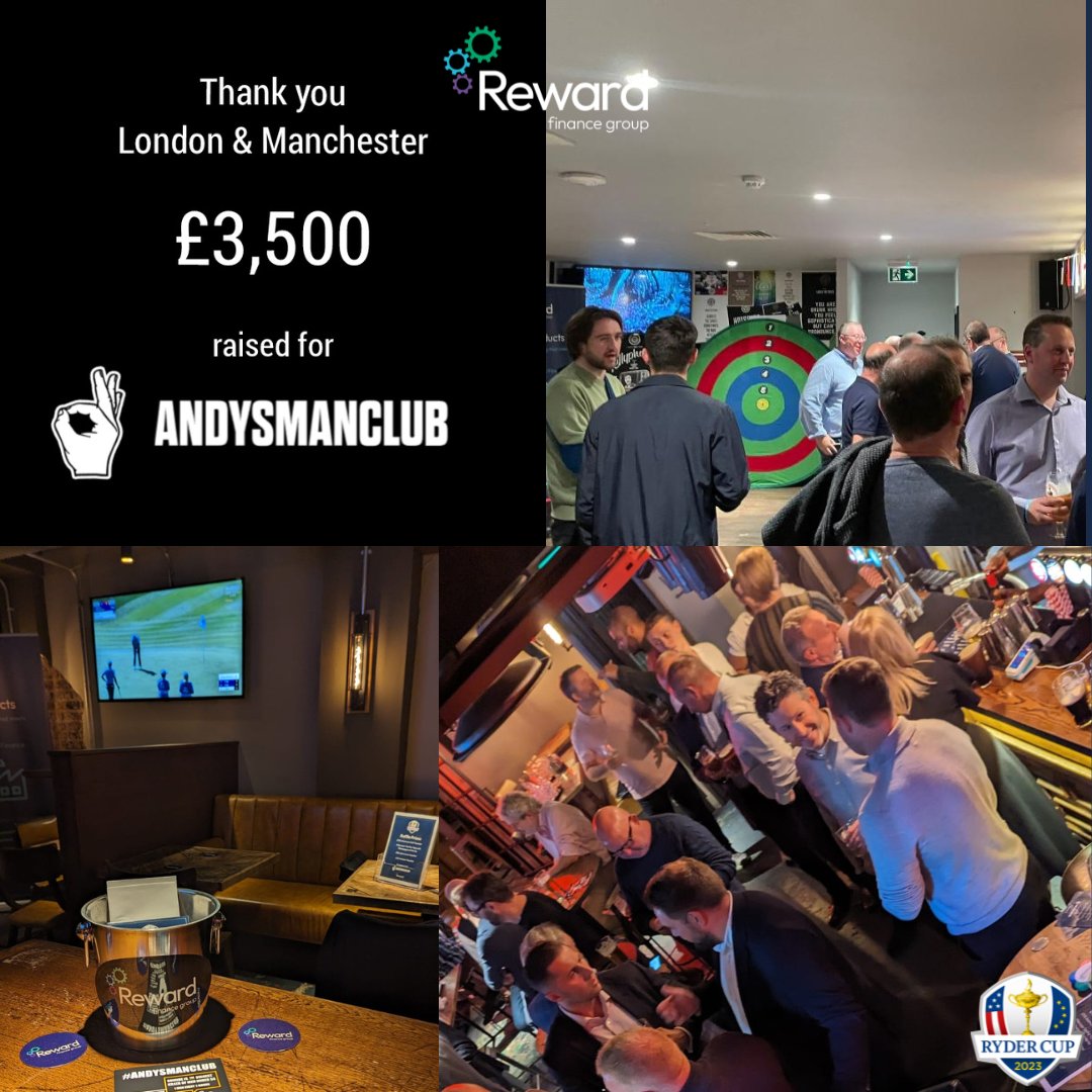 RewardFunding's tweet photo. Last Friday, our teams in London &amp; Manchester hosted Reward's Ryder Cup. Huge thanks to our network of introducers &amp; clients for attending &amp; supporting our chosen charity, @andysmanclubuk. We raised an amazing £3,500. 🙏

See all the winners here > https://t.co/91I4hoc2Xw https://t.co/mhUINUPqas