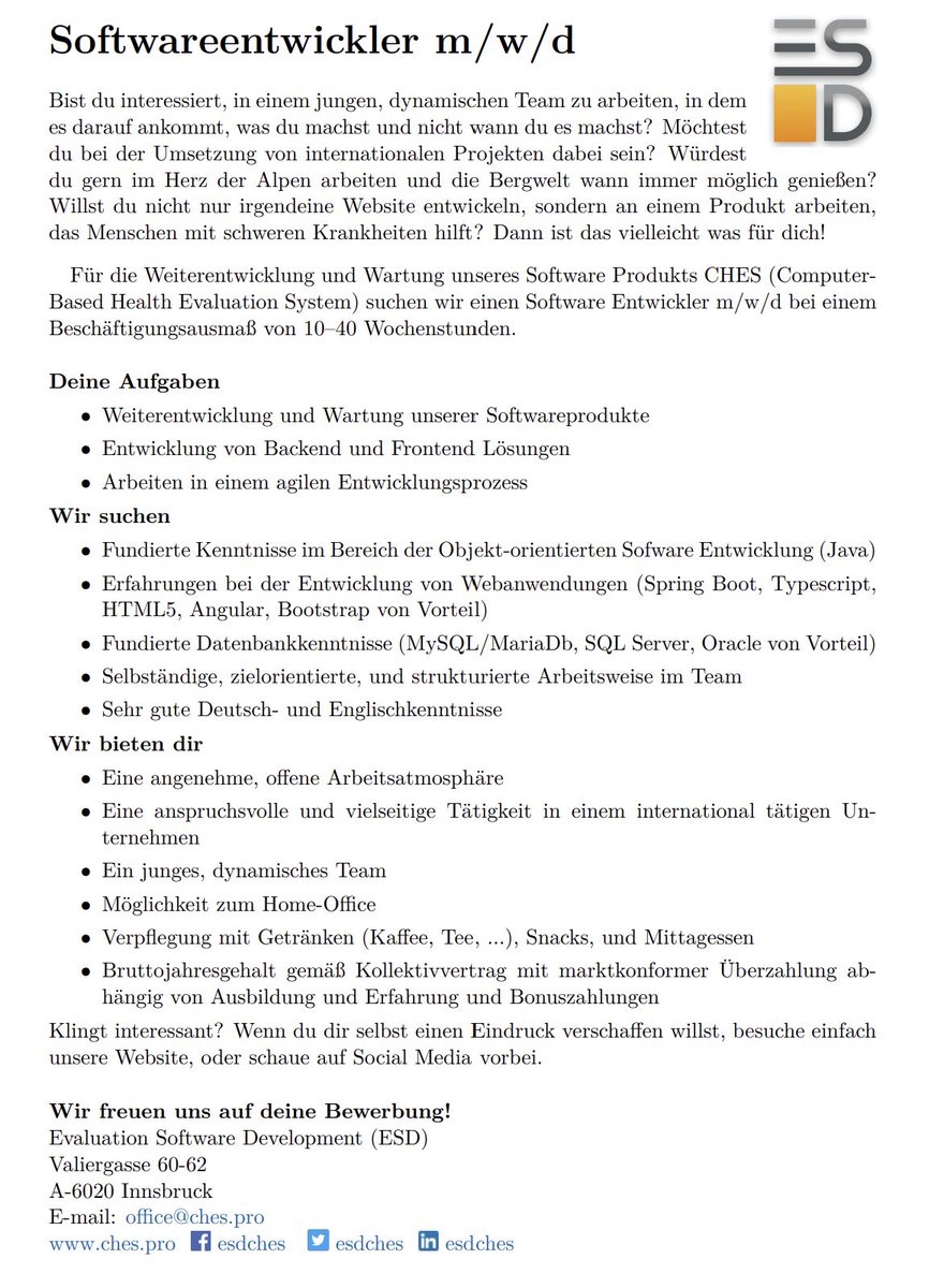 We are searching for a software developer!

#job #ESD #CHES #becomeaCHESianer #QualityOfLive #QoL