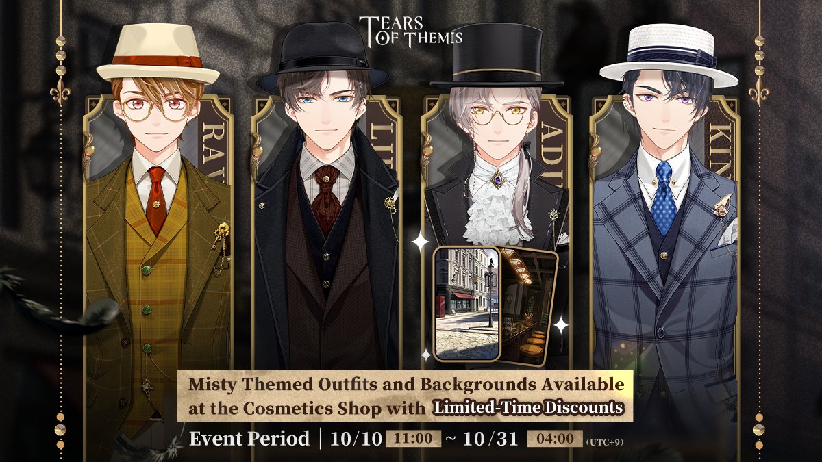 TearsofThemisEN's tweet photo. ✦ Misty Themed Outfits and Backgrounds ✦ Limited-Time Sale

From 2023/10/10 11:00 to 2023/10/31 04:00 (UTC+9), the Misty Themed Outfits and Backgrounds will be available with a discount at the Cosmetics Shop.

View Details: https://t.co/WAEfa72E0q

#TearsOfThemis https://t.co/Bu8vGayffP