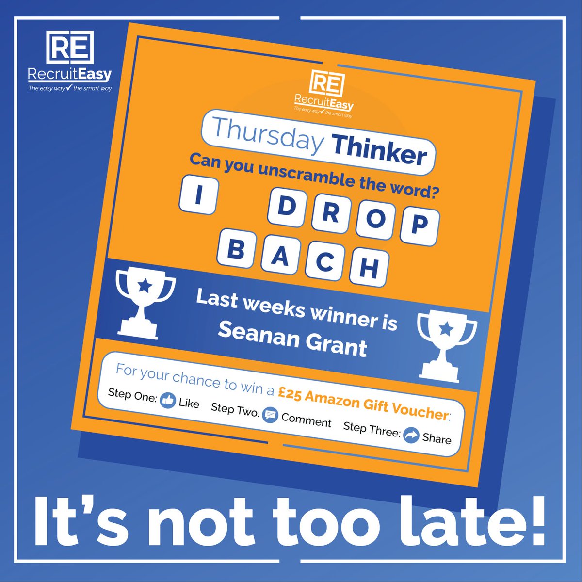 RecruitEasy's tweet photo. #thursdaythinker and you could win a £25 Amazon voucher.
The winner will be announced on Thursday. Good Luck!
https://t.co/0MIFkuhEC8 #RecruitEasy https://t.co/QwZLUFB5ez