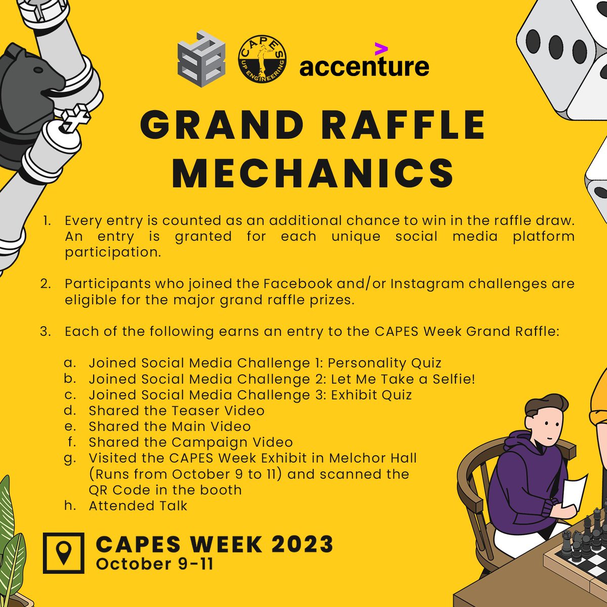 UPCAPES's tweet image. Dare to play with us to win rewards! ✨

Look into the mechanics below and grab as many entries as you can!

All CAPES Week Challenges and Raffles are open to all bona fide undergraduate students from the UP College of Engineering!

#CAPESWeek2023
#UPCAPESat31
#BuildYourBase