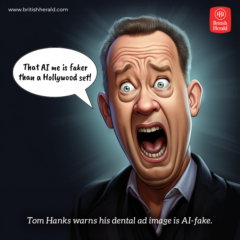 BritishHeraldUK's tweet photo. Tom Hanks has warned fans that an ad for a dental plan that appears to use his image is in fact fake and was created using artificial intelligence.
#tomhanks #actor #ai #artificialintelligence #aiart #britishherald #comics #twittercomics #britishheraldcomics #bhcomics #hollywood #airarts #twitterai #Trending #TwitterTrending
