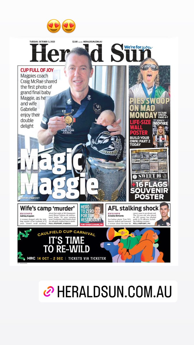 JackieHeraldSun's tweet photo. Great front page pic of Maggie McRae in the Premiership Cup ๐๐ผ #magpies #16flags #craigmcrae @theheraldsun https://t.co/gtgkkeyKcC https://t.co/LTFy6wRz79