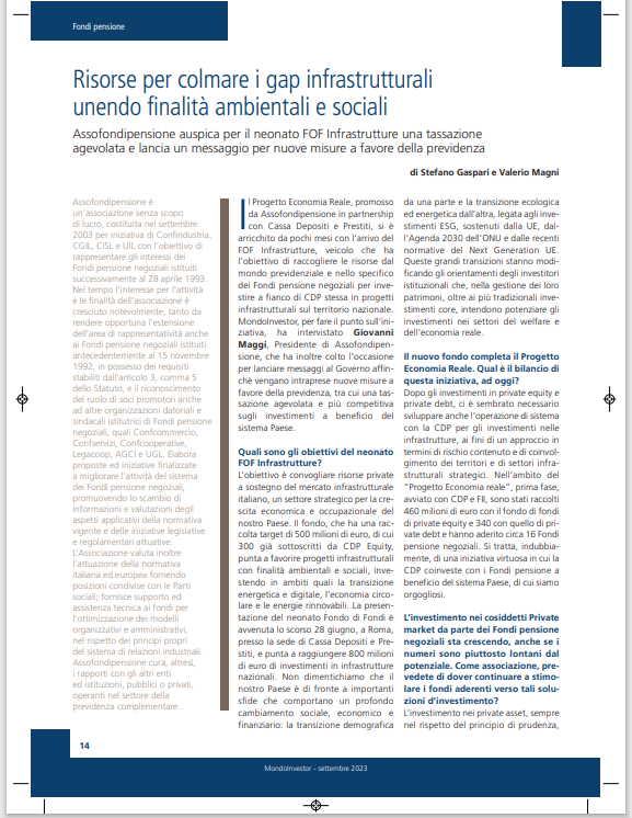 Potete leggere la mia #intervista a @MondoInstitutional - MondoInvestor sul neonato #FOF #Infrastrutture nel numero di settembre. #Assofondipensione #fondipensione #previdenzacomplementare
#FOF #Infrastrutture #finanzasostenibile