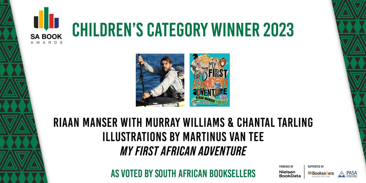 bookdata's tweet image. The winner of the Children's Titles category at this year’s #SABookAwards is @riaanmanser with @NoSurrenderRSA &amp;amp; Chantal Tarling, illustrated by @martinusvantee! My First African Adventure received the most booksellers' votes in this category. Congratulations! 
@PenguinKidsSA