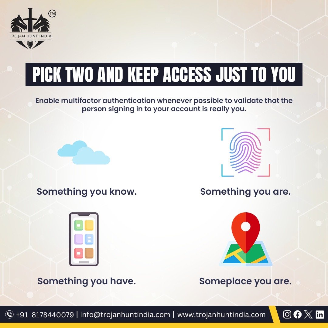 Enabling multi-factor authentication adds an extra layer of security by requiring additional verification steps beyond just a password.

Let's Chat +91 8178440079
Dive In trojanhuntindia.com

#CyberSecurity #trojanhunt #cybercrime #DataSecurity