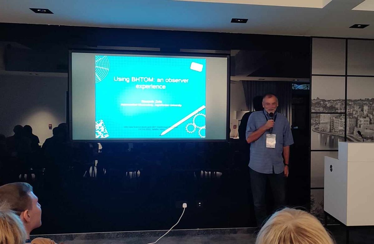 BHTOMAstronomy's tweet photo. Staszek Zola talking about an observer recommendations for BHTOM developments and status of the OJ287 model.
#14_GAIA_ORP_MALTA_2023
@ESAGaia
@gaia_alerts
@ORP_Astro
#Astronomy #observer https://t.co/gyqzaKcC7l