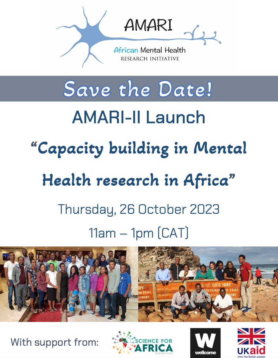AMARI-II (@consortiumamari) on Twitter photo Join us for the official launch of the AMARI-II programme on Thursday 26 October, 11am CAT & learn more on our plans to continue building capacity in African #mentalhealth research in the next 4 years
Register: t.ly/gfB7b
<a href="/SciforAfrica/">Science for Africa Foundation</a> <a href="/DixonChibanda/">Dixon Chibanda</a> Join us for the official launch of the AMARI-II programme on Thursday 26 October, 11am CAT & learn more on our plans to continue building capacity in African #mentalhealth research in the next 4 years
Register: t.ly/gfB7b
<a href="/SciforAfrica/">Science for Africa Foundation</a> <a href="/DixonChibanda/">Dixon Chibanda</a>
