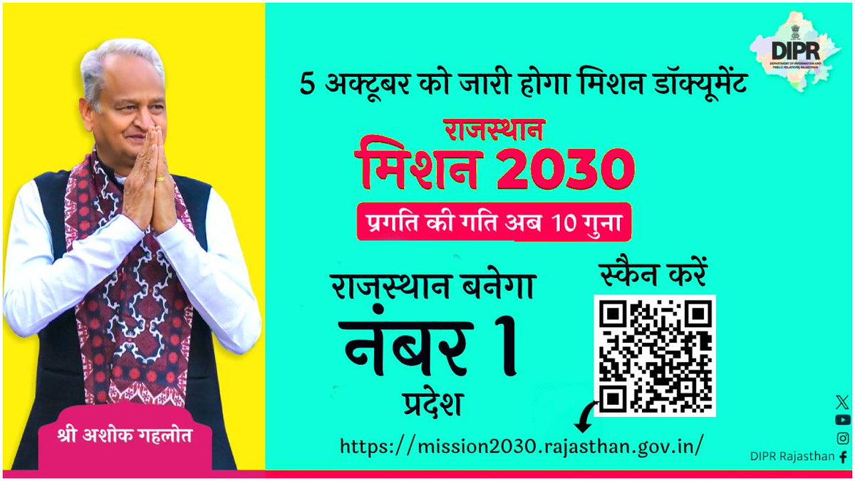 राजस्थान बनेगा नं. 1 प्रदेश

राजस्थान मिशन 2030
प्रगति की गति 10 गुना

5 अक्टूबर को जारी होगा मिशन डॉक्यूमेंट

#मॉडल_स्टेट_राजस्थान
#JanSammanJaiRajasthan
#RajasthanMission2030

<a href="/ashokgehlot51/">Ashok Gehlot</a> 
<a href="/AshokChandnaINC/">Ashok Chandna</a> 
<a href="/RajCMO/">CMO Rajasthan</a> 
<a href="/RajGovOfficial/">Government of Rajasthan</a>