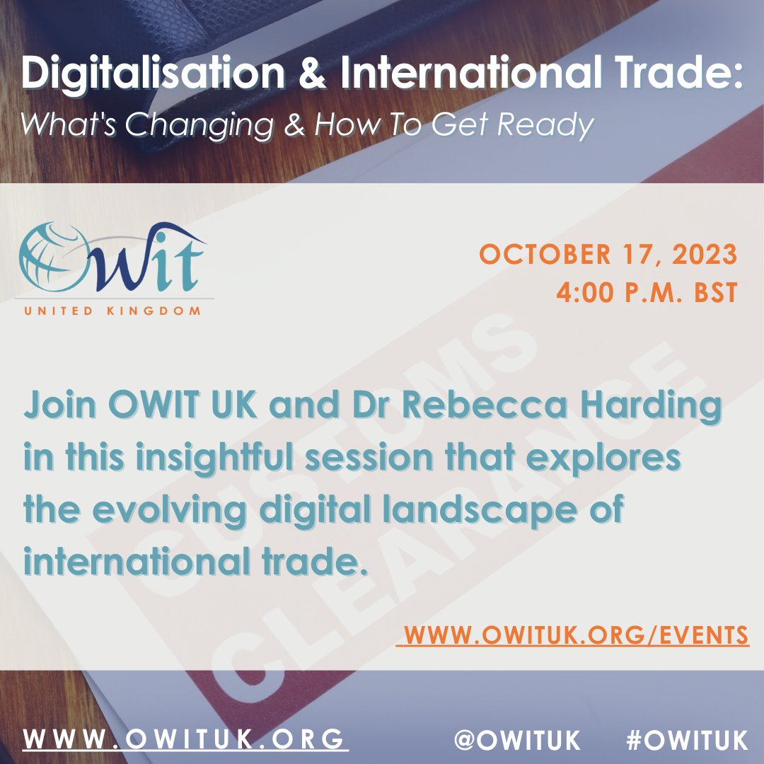 Join us our latest webinar "Digitalisation &amp; International Trade: What's Changing &amp; How to Get Ready" on Tuesday 17 October 2023 at 4:00pm BST with <a href="/RebeccaAHarding/">Rebecca Harding</a>, exploring digitalization in international trade. 

Register: bit.ly/DIGITALOct23 

#DigitalTrade #ETDA #OWITUK