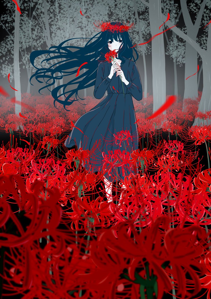 spider lily 1girl flower long hair black hair solo dress  illustration images