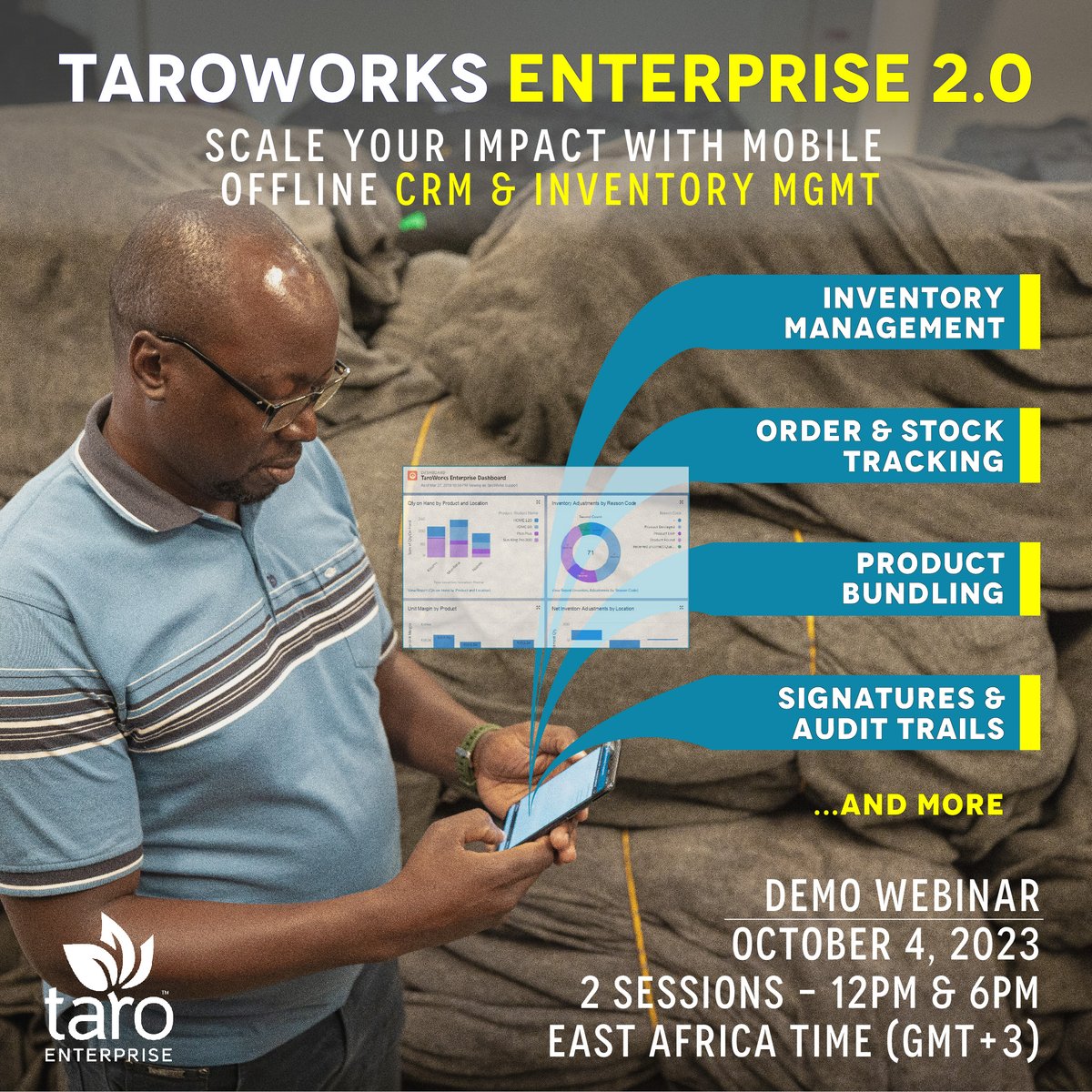 Webinar reminder! Learn how TaroWorks Enterprise can help you scale your impact with mobile offline CRM, Inventory Mgmt &amp; Field Service Mgmt. Weds Oct 4th!
-Session 1- 12pm EAT (GMT+3)
REGISTER: register.gotowebinar.com/register/30518…
-Session 2- 6pm EAT (GMT+3)
REGISTER: register.gotowebinar.com/register/55851…