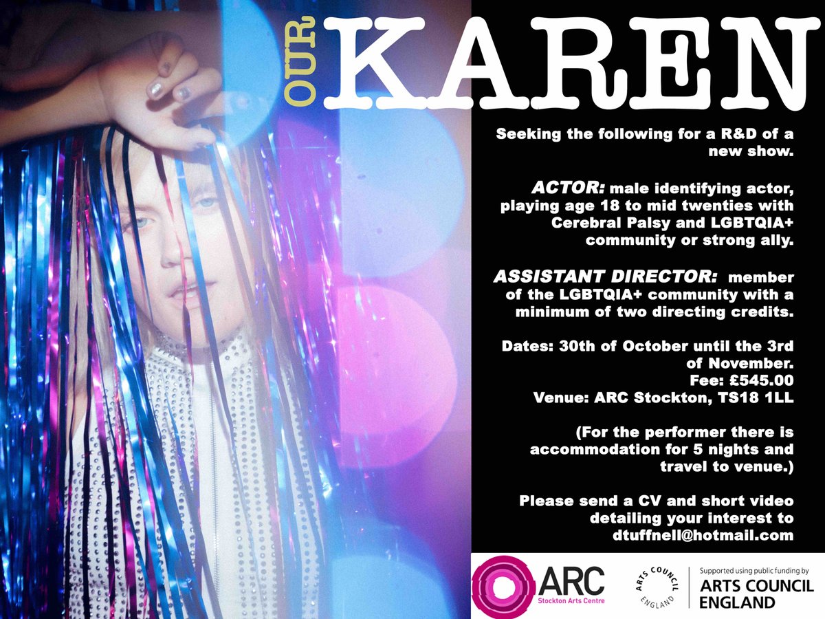 Callout for actor, playing age 18-mid twenties with cerebral palsy for R&D in Stockton. Member of the LGBTQIA+ community or strong ally. Details in picture, pls share #OurKaren #RainydaysandMondays or contact for further information.