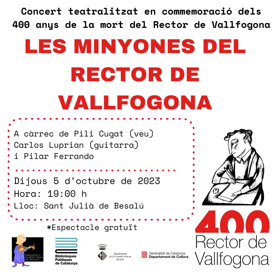 bibliobesalu's tweet image. Aquest dijous 5 d'octubre us convidem a gaudir de teatre musicat amb l’espectacle: “Les minyones del Rector de Vallfogona”
A càrrec de Pili Cugat, Carlos Luprian i Pilar Ferrando.

#anyrector
#rectordevallfogona400
#espectacle
@cultura_cat
@bibliotequescat
@bibgirona
@AnyRector