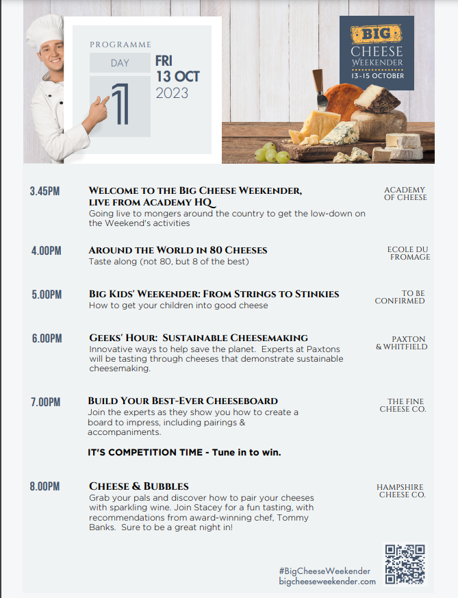 JoeBangles11's tweet image. THE BIG CHEESE WEEKENDER is nearly here! 

Friday 13th - Sunday 15th October! 

The amazing Cheese Academy are teaming up with the biggest and best cheese heads in the business bring you 3 days of live masterclasses from creating the best cheeseboard,  cheese and sparkling wine…