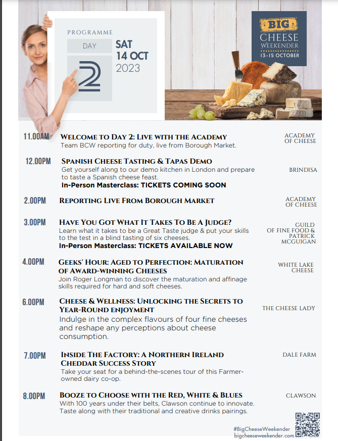 JoeBangles11's tweet image. THE BIG CHEESE WEEKENDER is nearly here! 

Friday 13th - Sunday 15th October! 

The amazing Cheese Academy are teaming up with the biggest and best cheese heads in the business bring you 3 days of live masterclasses from creating the best cheeseboard,  cheese and sparkling wine…