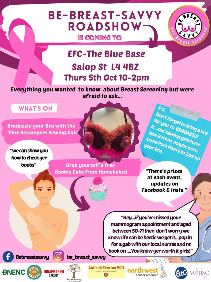 Thursday 5th October 2023  is the first #bebreastsavvyliverpool roadshow event @EITC . If you want to know more about BreastCare then this is the event for you! It’s a great opportunity to chat to professionals about any worries you may have about breast screening. Please share