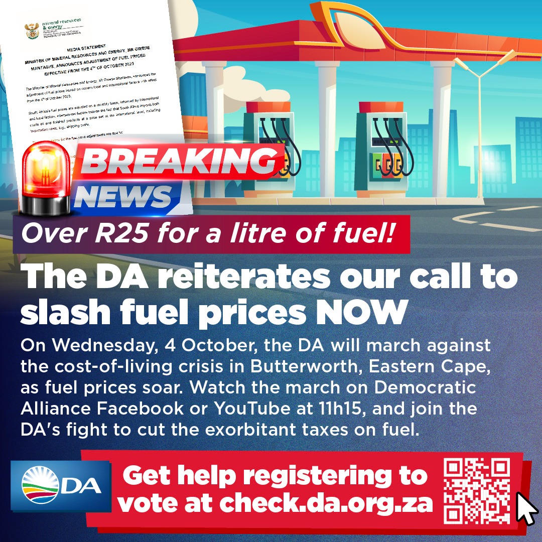 🚨 The ANC government is now forcing South Africans to pay over R25 per litre for fuel! Food prices will now become more unaffordable.

It’s time to stop the over 30% fuel tax rip-off. 

Tomorrow the DA will march against the cost-of-living crisis in Butterworth, Eastern Cape.
