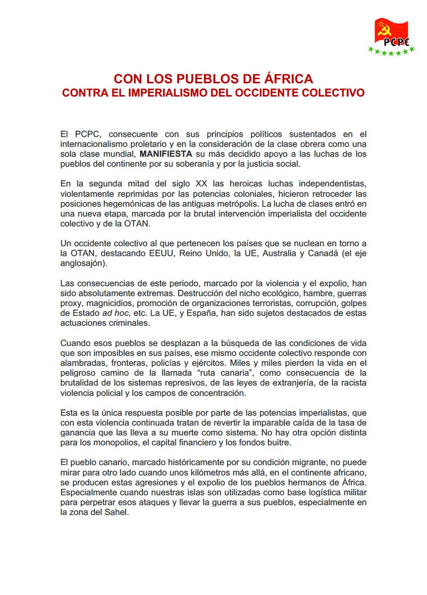 PCPC_Canarias's tweet image. CON LOS PUEBLO DE ÁFRICA Y CONTRA EL IMPERIALISMO DEL OCCIDENTE COLECTIVO.

#PCPC
