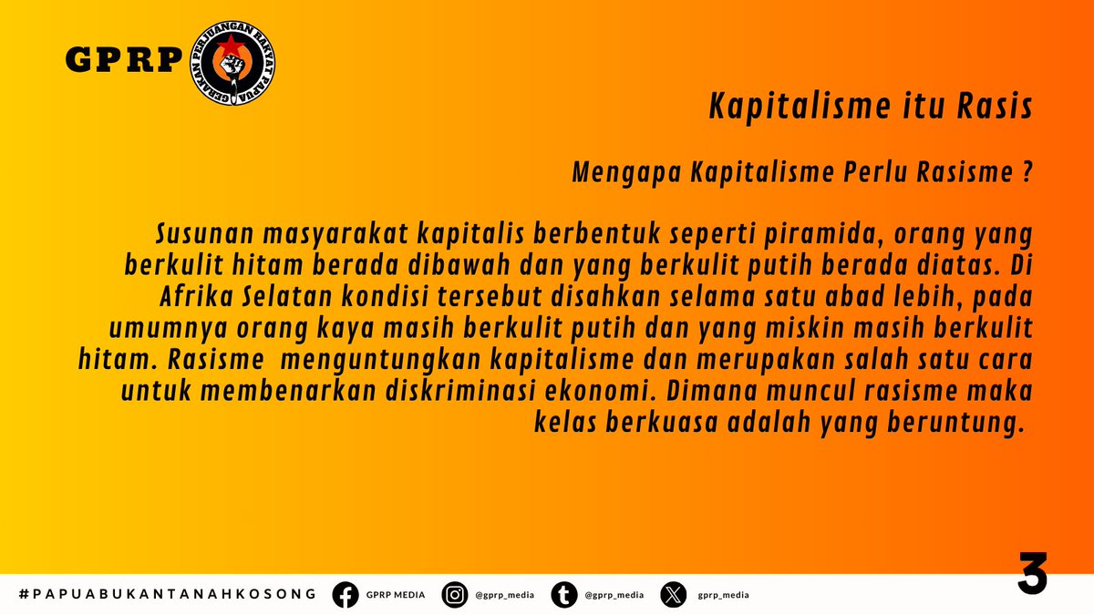 GPRP2022's tweet photo. KAPITALISME : Berkuasa - Menguasai - Rasis - Pengasingan.
#gerakan_perjuangan_rakyat_papua
#gerakanperjuanganrakyatpapua
#gprp
#papuabukantanahkosong
#lawankapitalisme
#rasisme
#pengasingan https://t.co/sDkPB4skJO