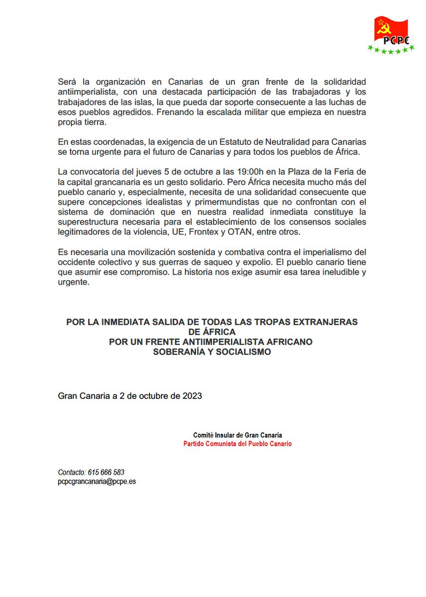 PCPC_Canarias's tweet image. CON LOS PUEBLO DE ÁFRICA Y CONTRA EL IMPERIALISMO DEL OCCIDENTE COLECTIVO.

#PCPC