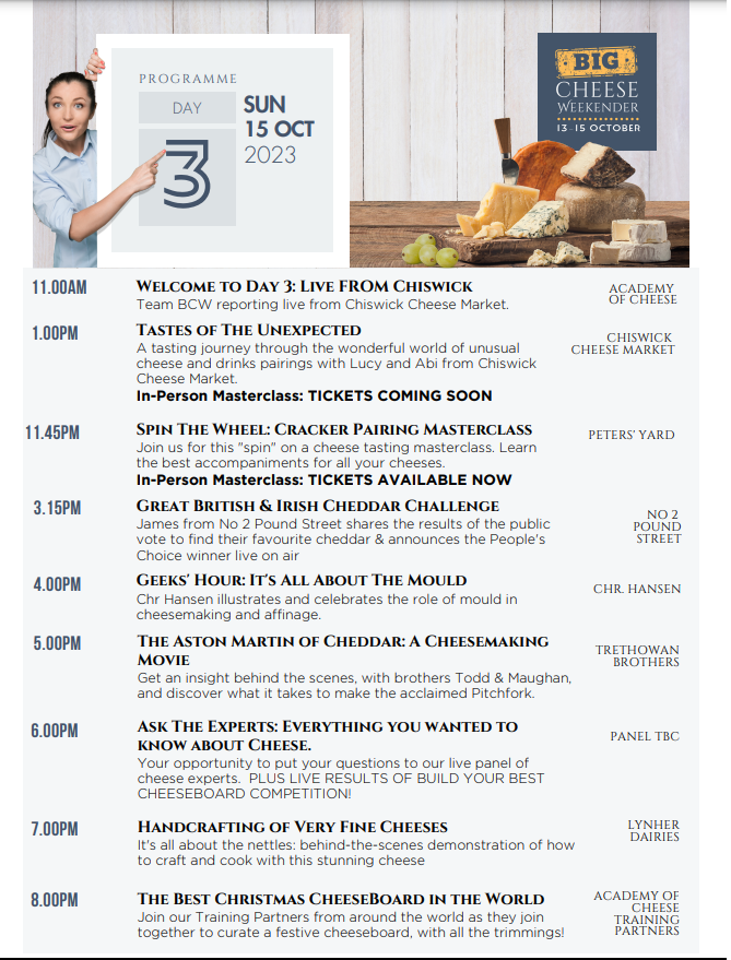 JoeBangles11's tweet image. THE BIG CHEESE WEEKENDER is nearly here! 

Friday 13th - Sunday 15th October! 

The amazing Cheese Academy are teaming up with the biggest and best cheese heads in the business bring you 3 days of live masterclasses from creating the best cheeseboard,  cheese and sparkling wine…