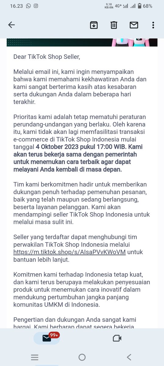 khlsym's tweet photo. Udah dapet email resmi dari tiktok shop nya mulai besok 4 oktober gabisa jualan lagi, kirain gaakan se serius ini wkwkwk https://t.co/tLVBScJuY2
