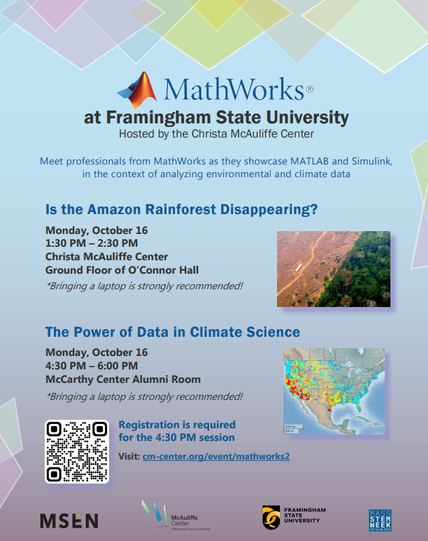pboardman11's tweet photo. @MathWorks is collaborating with the McAuliffe Center at FSU for 2 sessions on 10/16 for MASTEMWeek. Join us to learn more about Climate Science with MATLAB:
1:30 Is the Amazon Rainforest Disappearing?
4:30 The Power of Data in Climate Science
https://t.co/nVQeZvC6Am https://t.co/S4Kx6dbjnp
