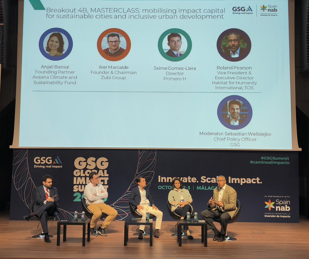 Just had a fantastic conversation on financial innovation to boost investment in housing and habitat solutions that deliver social and climate-related outcomes at scale. Thanks Anjali (@avaanacapital), Jaime, @ikermarcaide (@ZubiGroup), and Roland (@Habitat_org) #GSGSummit