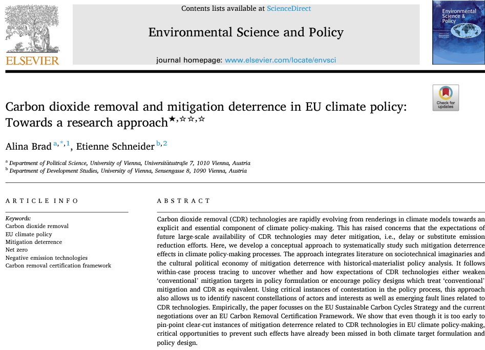 The first paper for our special issue on #mitigation_deterrence is now published. 'Carbon dioxide removal and mitigation deterrence in EU climate policy: Towards a research approach' by @brad_alina and @E_Schneider1 sciencedirect.com/science/articl…