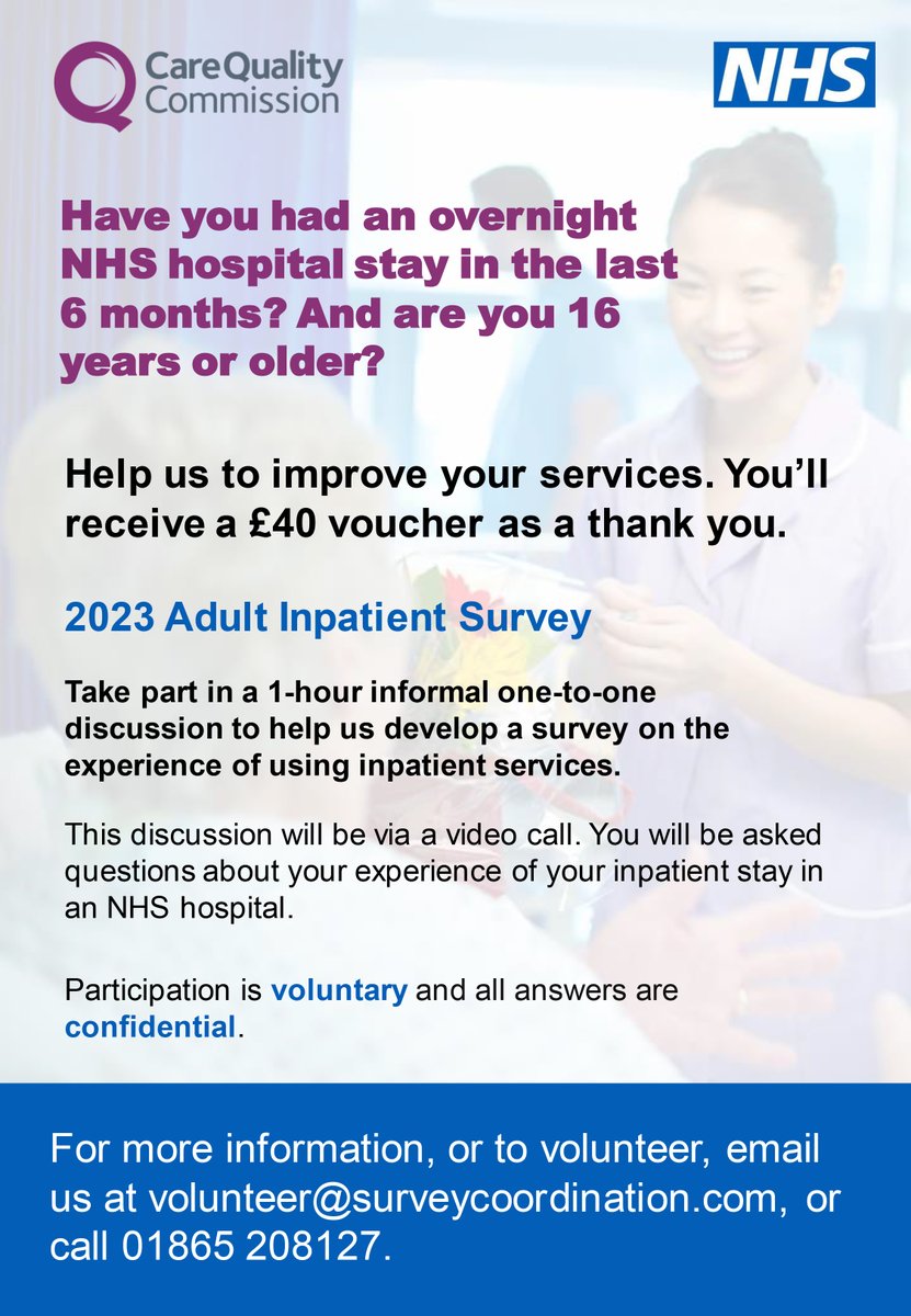 Have you had an overnight NHS hospital stay in the last six months and are 16 years or older?

If yes, help us to improve our services by completing the 2023 CQC adult inpatient survey. 

For more information and to participate, visit: picker.org/share-your-exp…