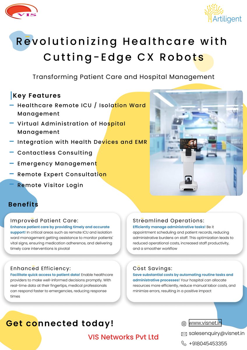 👩‍⚕️Unleash the Future of Healthcare 👨‍⚕️: Experience Seamless Patient Care with our CX Robots!🤖

<a href="/VISNETWORKS/">VIS Networks</a> x <a href="/ArtiligentS/">Artiligent</a> 

#HealthcareInnovation #AutomationInHealthcare #MedicalTechnology #RemoteConsultation #CXRobots #HealthTech #PatientCare #HospitalManagement