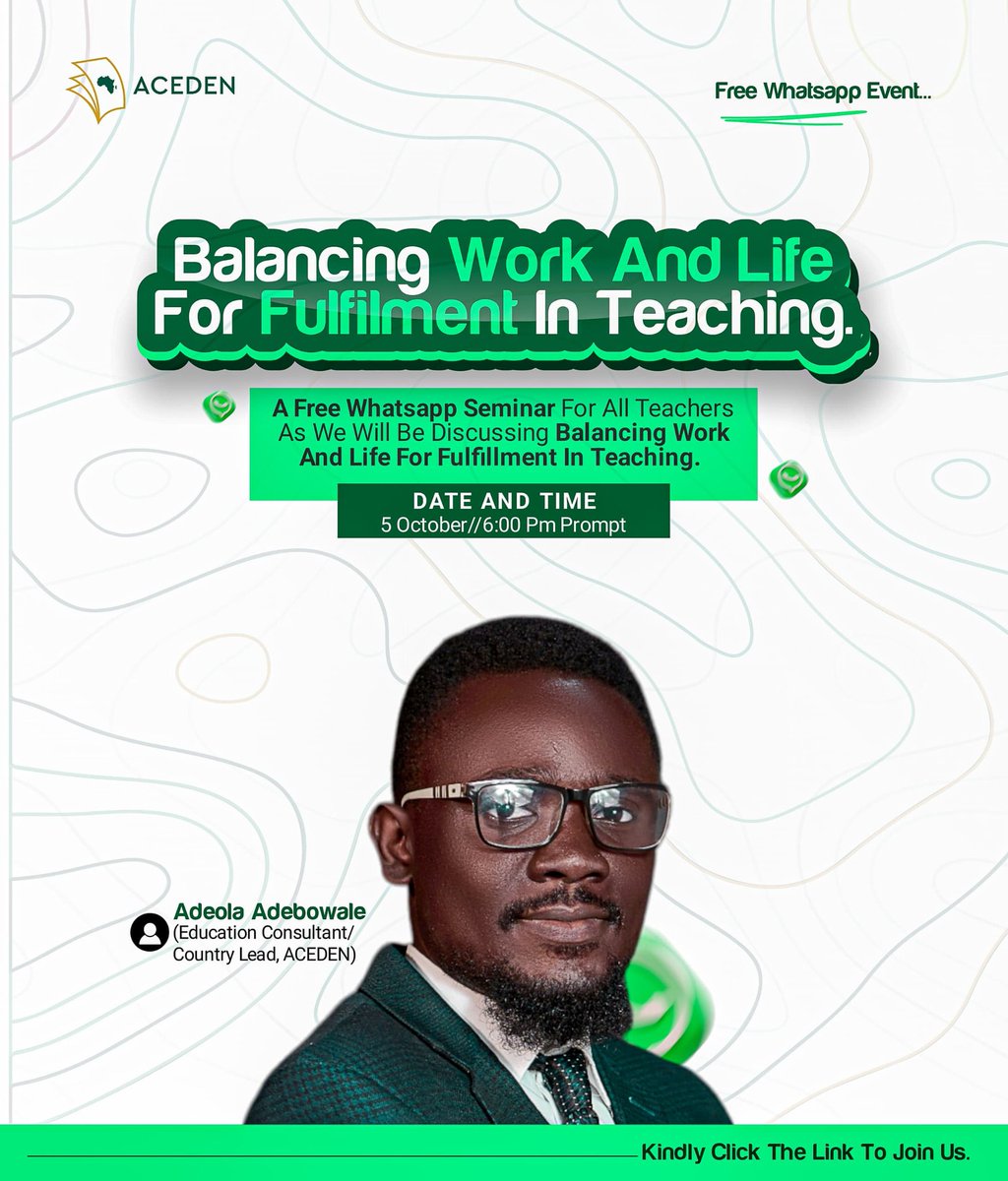 acedenglobal's tweet photo. As a passionate teacher, where will you be on the 5th of October?

Why not join us by 6pm for a Special Teachers' Day event?

Join Adeola Adebowale-Morotito as we explore "Balancing Work &amp; Life for Fulfillment in Teaching"

Click 👇 to join ACEDEN HQT - https://t.co/63ISNHdorF https://t.co/0pqQMORxfZ