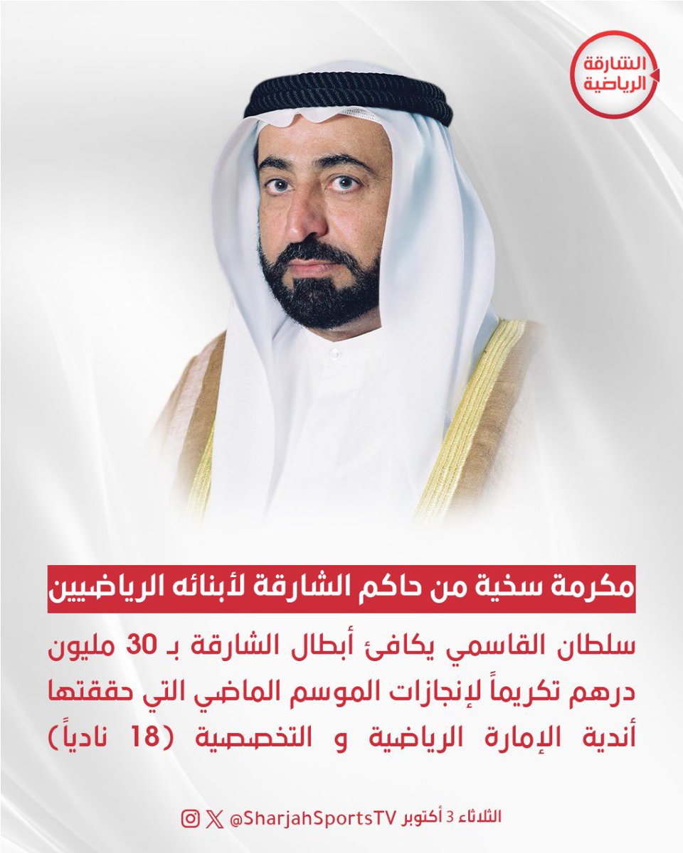 سلطان القاسمي يكافئ أبطال الشارقة بـ 30 مليون درهم تكريماً لإنجازات الموسم الماضي التي حققتها أندية الإمارة الرياضية و التخصصية (18 نادياً)