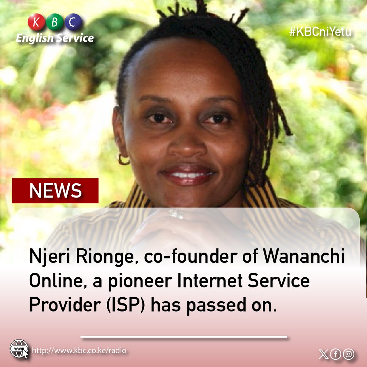 KBC English Service (@kbcenglish) on Twitter photo 2023-10-03 11:10:00 Njeri Rionge, co-founder of Wananchi Online, a pioneer Internet Service Provider (ISP) has passed on. ^PMN #KBCEnglishService Njeri Rionge, co-founder of Wananchi Online, a pioneer Internet Service Provider (ISP) has passed on. ^PMN #KBCEnglishService
