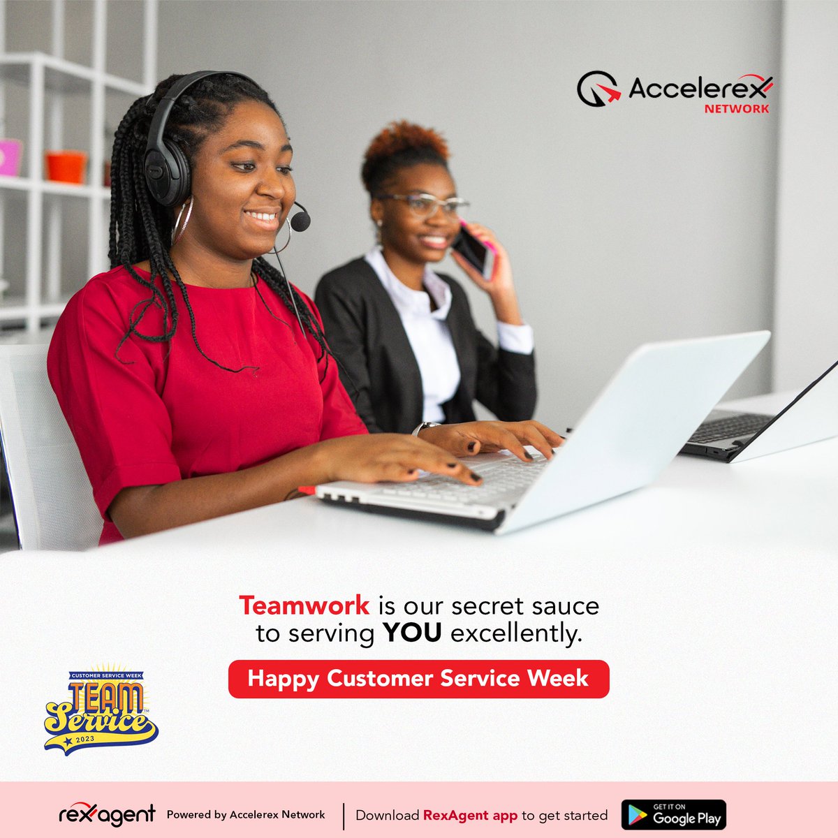AccelerexN's tweet photo. Every member of our team plays an important role in ensuring that you get excellent service that exceeds your expectations.

Thank you for your support and for choosing us as your agency banking partner.

Happy #CustomerServiceWeek

#AccelerexNetwork 
#RexAgent 
#Agencybanking https://t.co/LovCaDMw1B