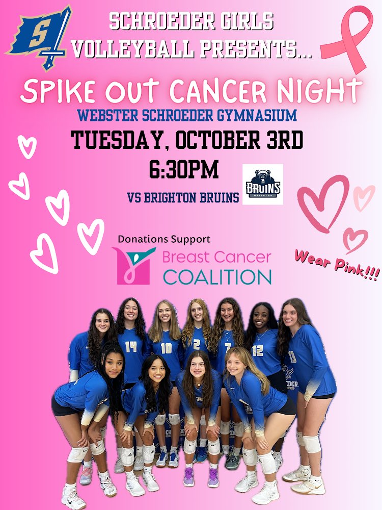 Warriorvball's tweet photo. 🚨MATCH DAY🚨

💞SPIKE OUT CANCER NIGHT💞

🆚 - @brightonbruins 
📍 - @SchroederHS 
🕡 - JV 5pm | Varsity 6:30pm
💻 - Streaming available
🎀 - Wear Pink (@WSWarriorCrew)
💸 - Accepting cash donations for @BCCRoc 
🙌🏻 - Thank you @KristenWeis2 for organizing

#Together💖 https://t.co/KdZSFmK7IY