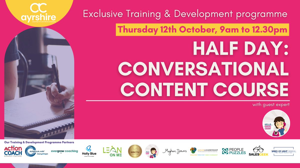 AyrshireChamber's tweet photo. @making_count joins us next Thursday for an exciting half-day 'Conversational Content' Course!

📆12th Oct

Course includes:
👉🏻 Easy content for busy days
👉🏻 Ways to schedule content
👉🏻 Time busting content writing tips...+more

🔗Book https://t.co/EJN4HrjXaL or call 01292 678666 https://t.co/ey0wBzZv0I