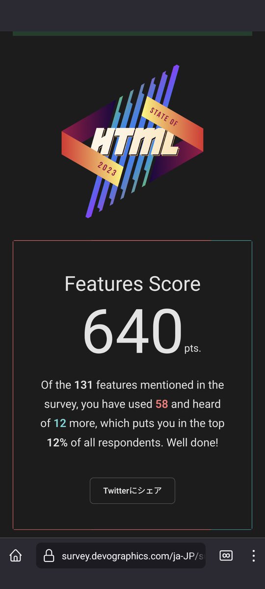 keita_roboin's tweet image. 上位12%らしい。Webフロントエンドのフォロワーさんもぜひ
私の #StateOfHTML ナレッジスコアは640ptでした。回答はここから:survey.devographics.com/survey/state-o…