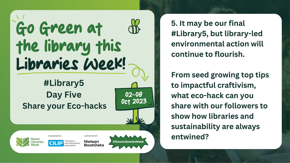 CILIPScotland's tweet photo. Now is your last chance to join in on the #GreenLibrariesWeek fun! π
With a sector that has so much knowledge exchange let's share our favourite #EcoHacks! Have you created a new way to upcycle & reuse materials- then share it with us!π± #GreenLibraries @librariesweek #Library5 https://t.co/sKvAXQBHkg