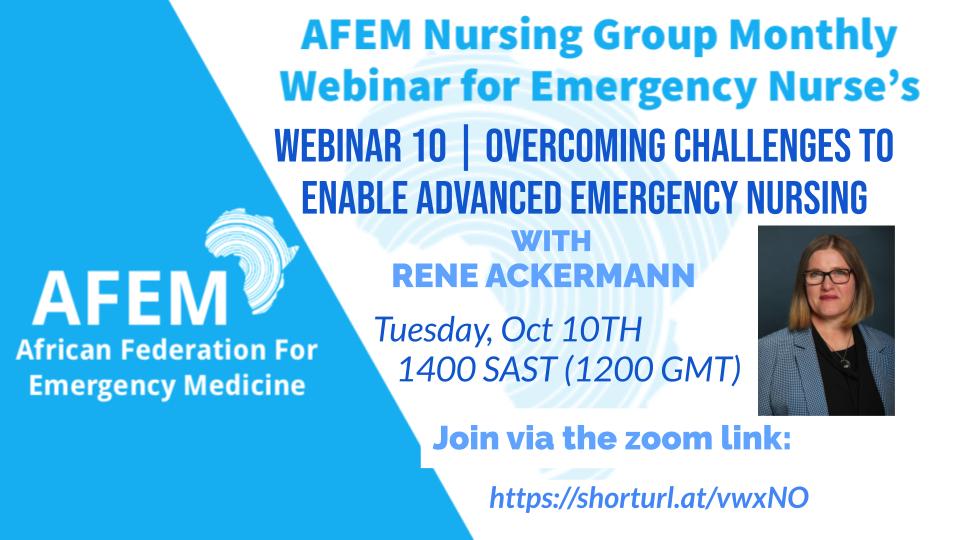 Join us for the next AFEM nursing group webinar on 'Overcoming challenges to enable advanced emergency nursing' 🚑🌍 🗓️ Date: Tuesday, Oct 10th 🕛 Time: 12:00 GMT Simply join via this link on the day of the webinar: shorturl.at/vwxNO #EMnursing #AFEMwebinar