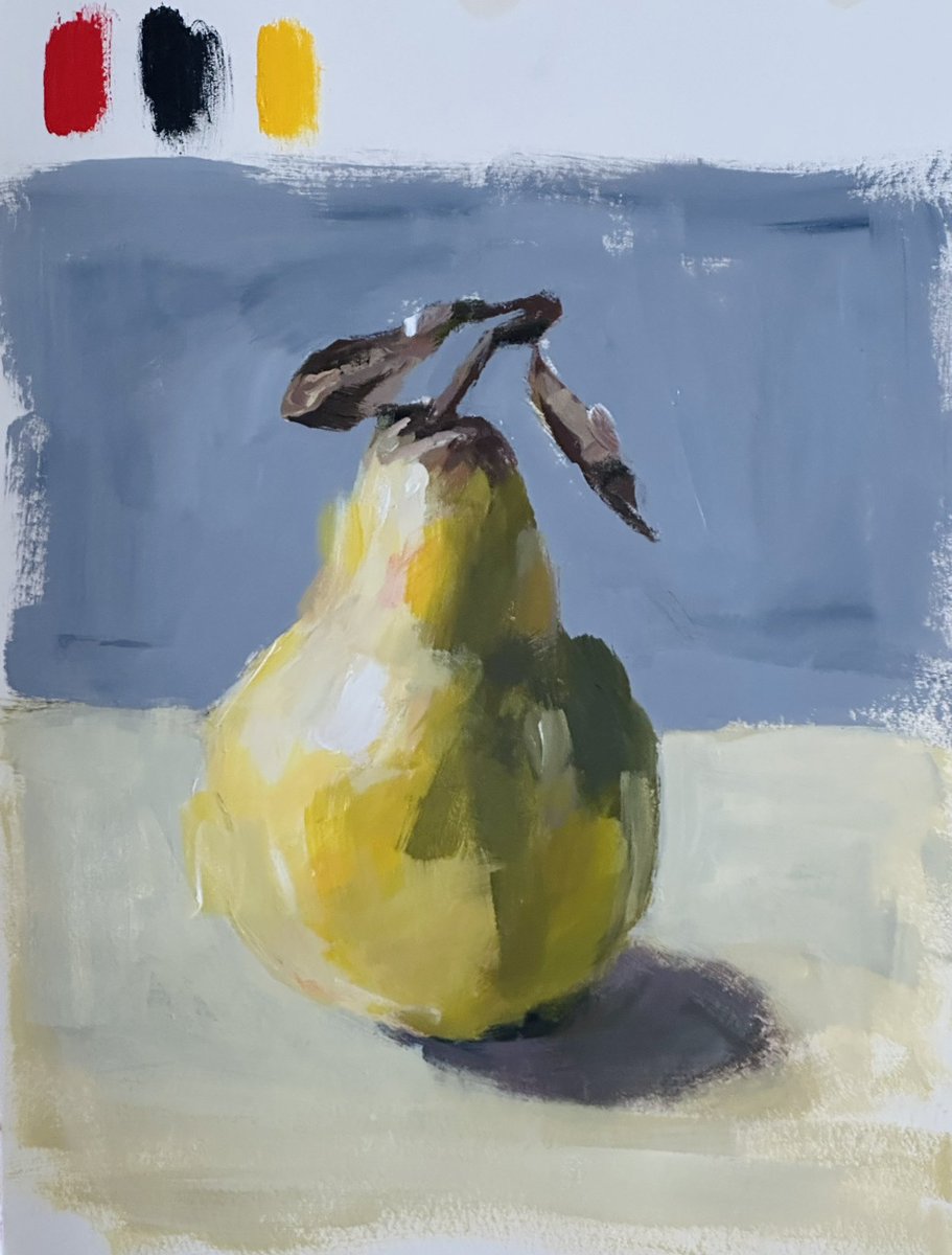 Noticing that I used a lot of white to tint colours but no black to tone them in my last three pear paintings, I chose a minimum pallet with black, cad yellow, cad red and white - almost Zorn  check comments for the 4 pears #painting #colour