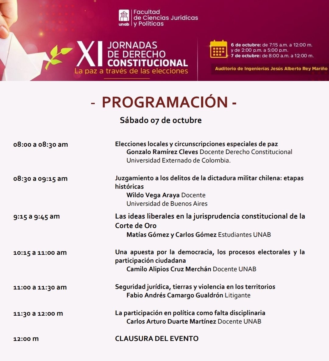 Esta semana en <a href="/UnabDerecho/">DerechoUNAB</a> Jornadas de Derecho constitucional. Tema paz y elecciones locales. Con Dra. Rocío Araujo, <a href="/iureamicorum/">Gonzalo Ramirez Cleves</a> <a href="/fcamargo84/">Fabio Andrés Camargo Gualdrón</a>