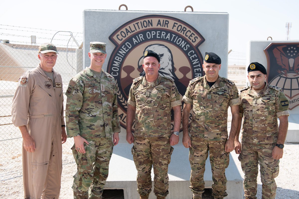 USAFCENT's tweet image. Lt. Gen. Grynkewich recently met with Lebanese Armed Forces Brig. Gen. Michel Assad Al-Saifi, Air Force commander, for a visit to Al Udeid Air Base, Qatar, and a tour of the TF-99 facility. @usembassybeirut @CENTCOM #PartnerForStrength